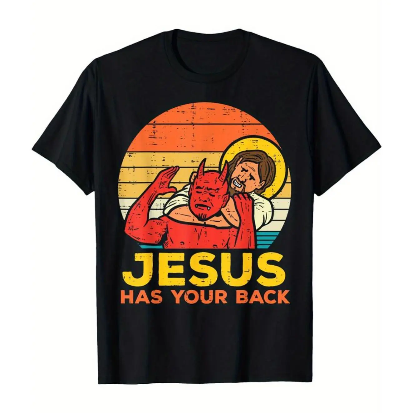 Jesus Has Your Back Retro Sunset Funny Christian Graphic Tee, Cute Cartoon Jesus and Devil Slogan Print Cotton Streetwear Unisex T-Shirt