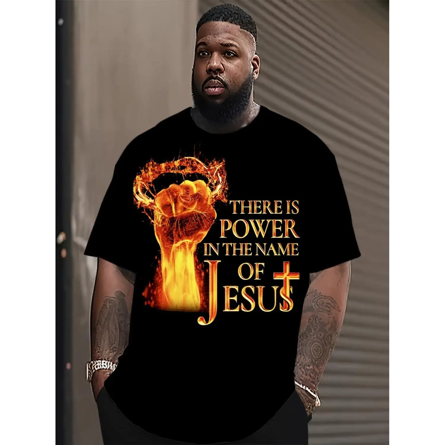 There Is Power in the Name of Jesus Christian Graphic Tee, Flaming Fist Cross Faith Shirt, Follow Jesus Bold Print Streetwear Men's T-Shirt