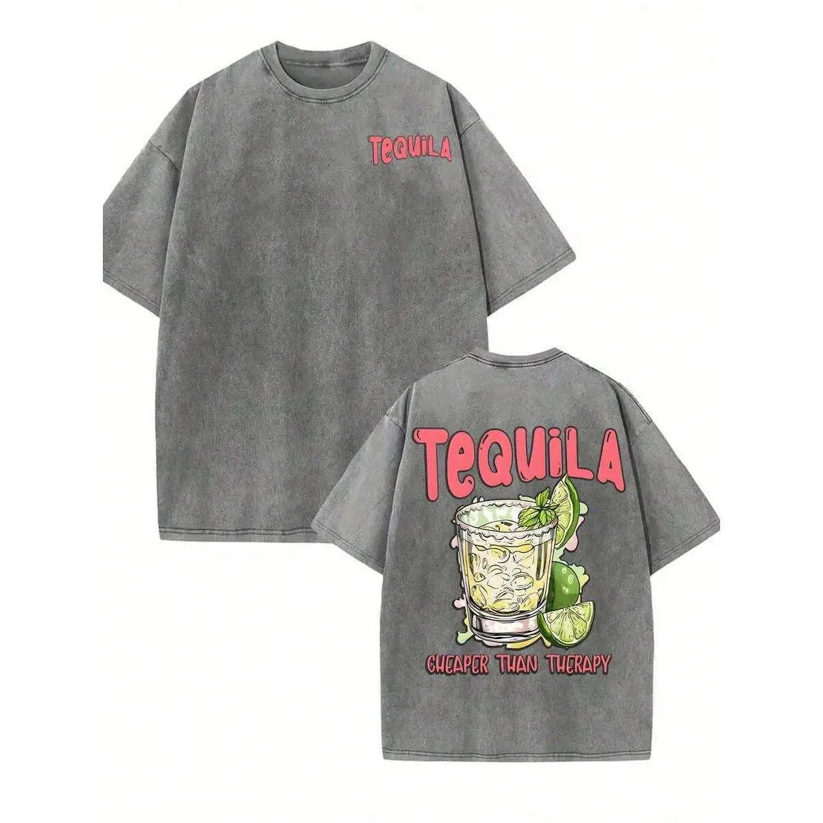 Tequila Cheaper Than Therapy Vintage Graphic Tee, Retro Funny Cocktail Party Washed Gray Oversized Front and Back Print T-Shirt