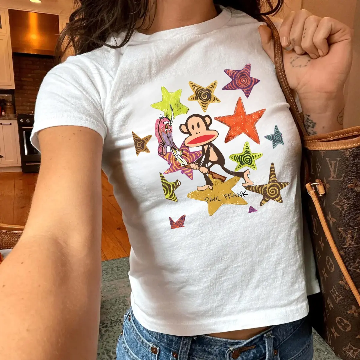 Paul Frank Julius Monkey Star Graphic Baby Tee, Y2K Cartoon Aesthetic Colorful Streetwear Top, Cute Retro 2000s Fitted Women's T-Shirt