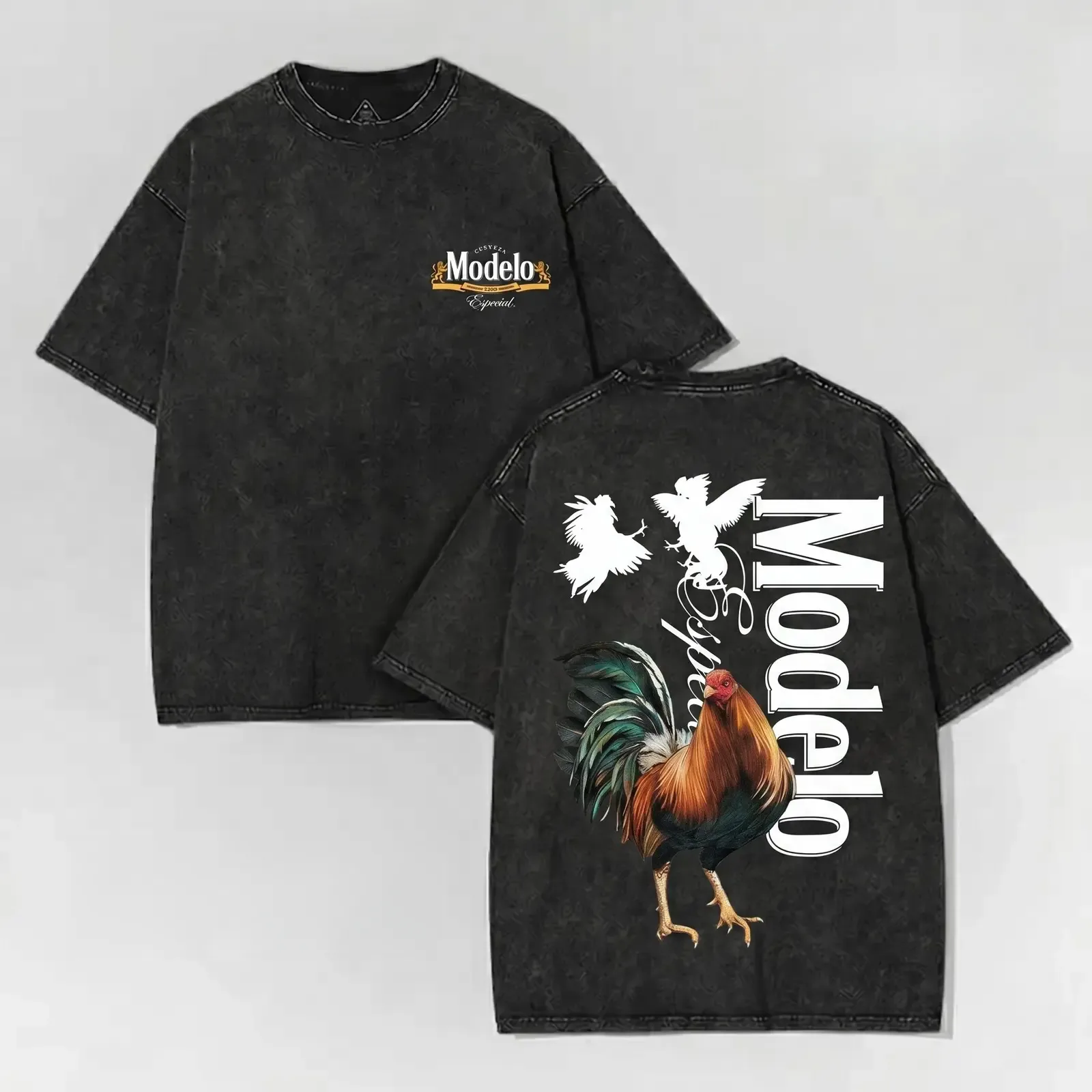 Modelo Especial Vintage Rooster Graphic Acid Wash Tee, Heavyweight Cotton Front and Back Print Casual Streetwear Unisex T-Shirt
