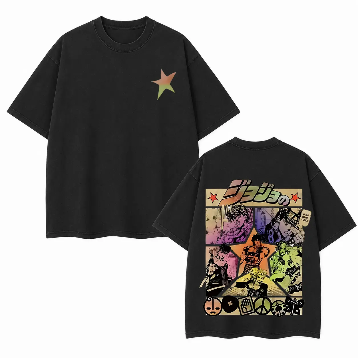 JoJo's Bizarre Adventure Vintage Anime Graphic Tee, Retro Manga Star Back Print Distressed Acid Washed Oversized Cotton Streetwear T-Shirt