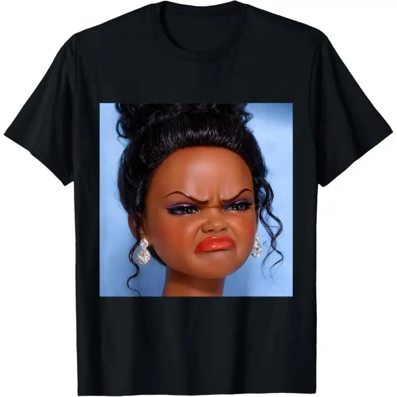 Angry Disgusted Black Doll Face Meme Graphic Tee, Funny Grumpy Reaction Print Essential Cotton T-Shirt, Unisex Casual Streetwear Shirt
