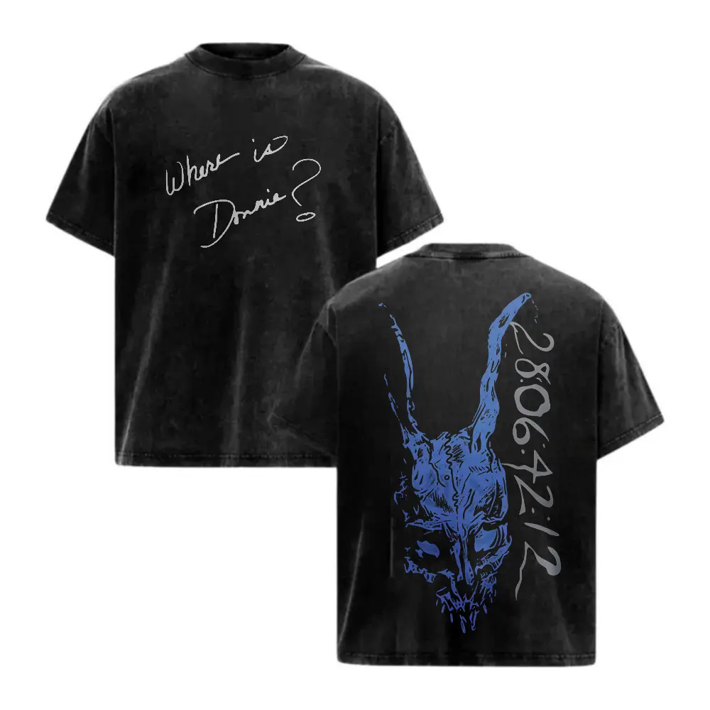 Donnie Darko Frank The Rabbit Where Is Donnie Cult Movie Graphic Tee, Black Washed Oversized Double-Sided Print Streetwear Cotton T-Shirt