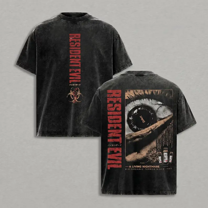 Resident Evil A Living Nightmare Biohazard Eye and Virus Graphic Tee, Black Washed Oversized Horror Game Two-Sided Streetwear T-Shirt