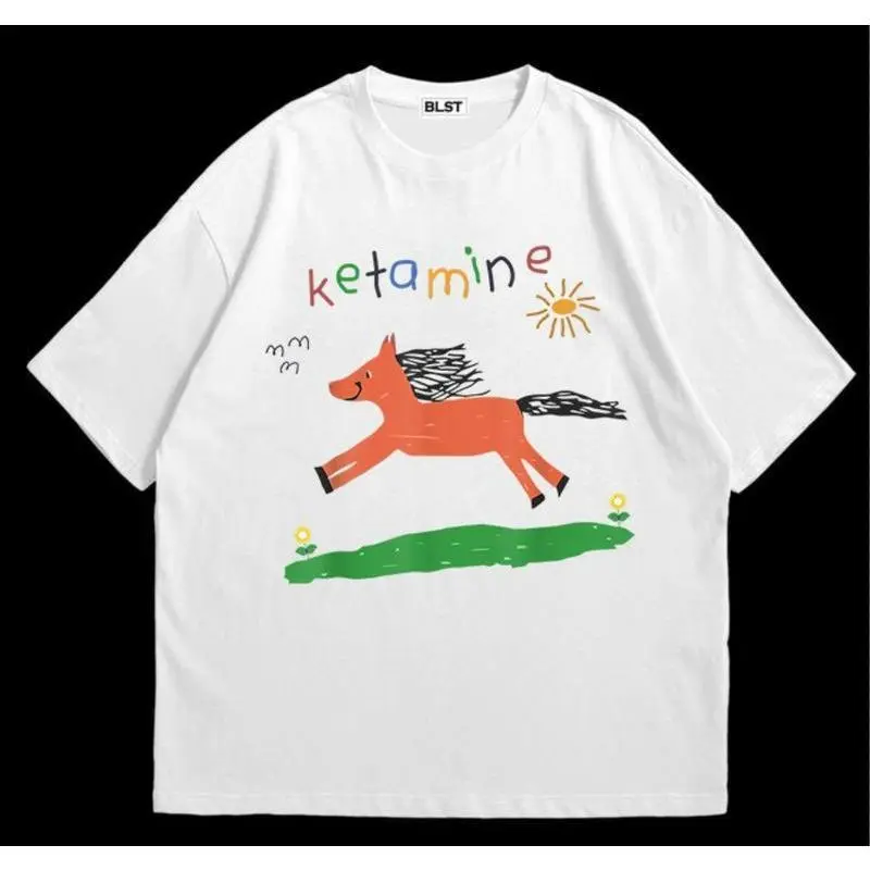 Ketamine Pony Nurse Meme Graphic Tee, Funny Childlike Doodle Horse Drawing Shirt, Oversized Cotton Streetwear T-Shirt for Men and Women