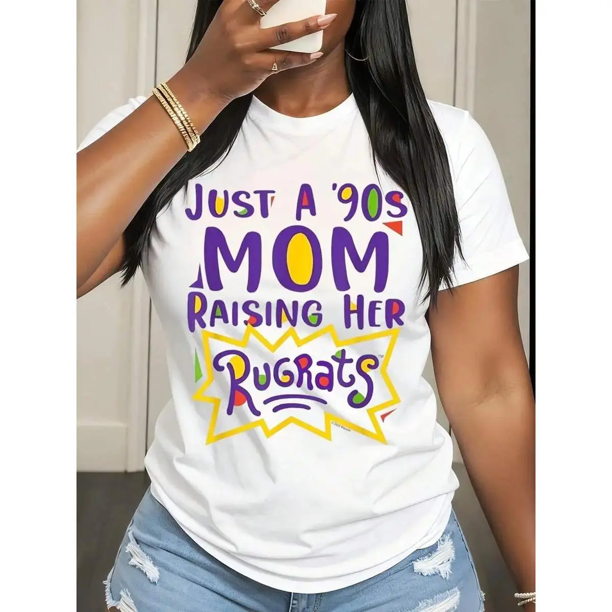 Just A 90s Mom Raising Her Rugrats Funny Graphic Tee for Women, Vintage Nostalgic 90s Cartoon Parenting Mother's Day Birthday T-Shirt