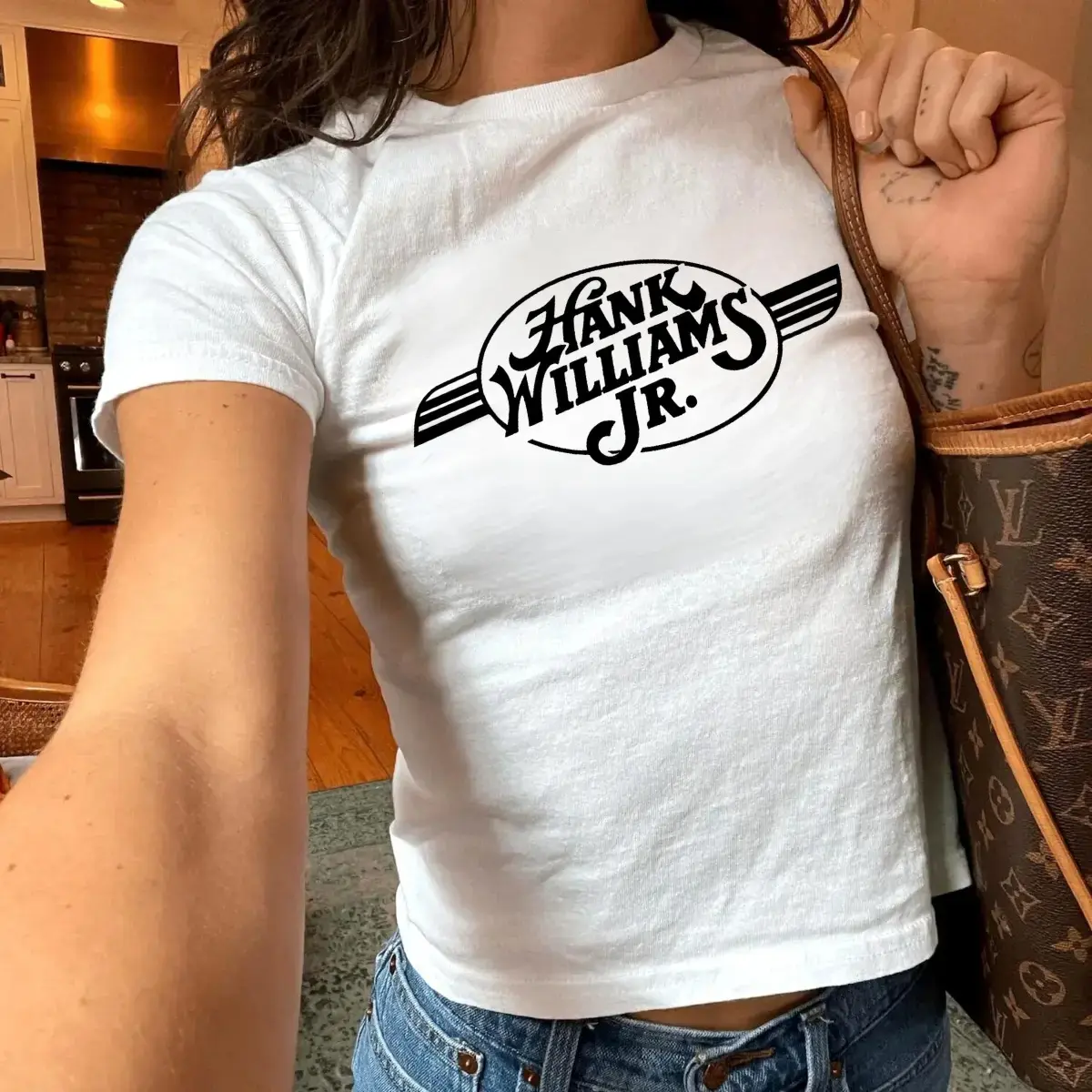 Hank Williams Jr Baby Tee, Country Music Graphic Shirt, Western Vintage Retro Music Fan Top, Southern Concert Style Fitted Women's Baby Tee