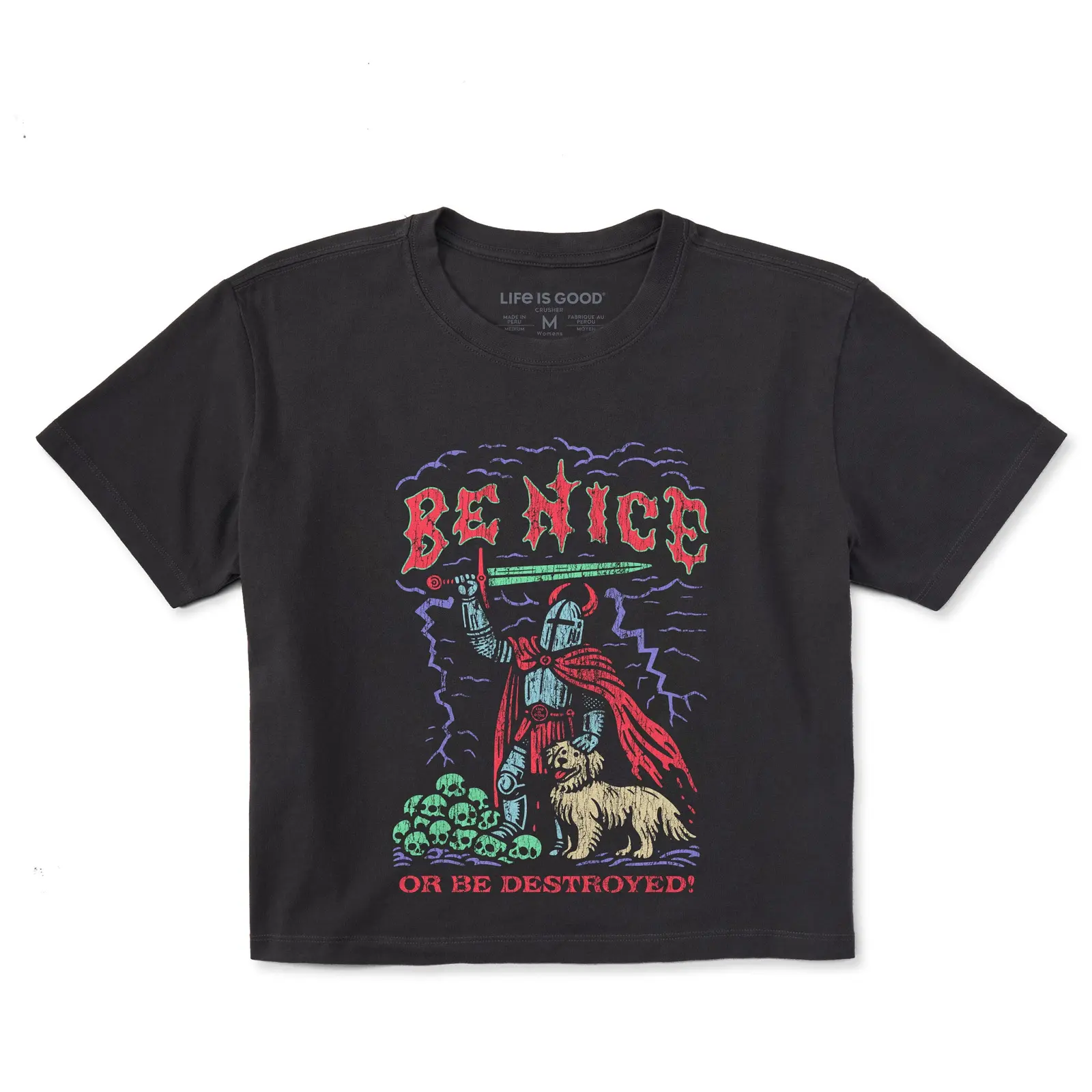 Be Nice or Be Destroyed Knight and Golden Retriever Graphic Tee, Retro Heavy Metal Skulls and Lightning Womens Boxy Short Sleeve T-Shirt