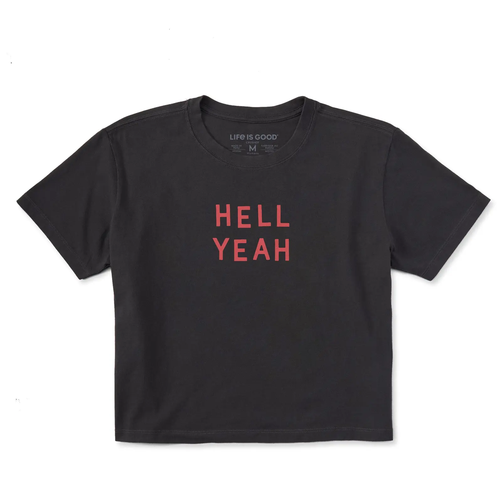 Life Is Good Hell Yeah Crusher Boxy Crop Tee, Bold Hand Lettered Slogan Graphic Casual Relaxed Fit Women's Cropped T-Shirt