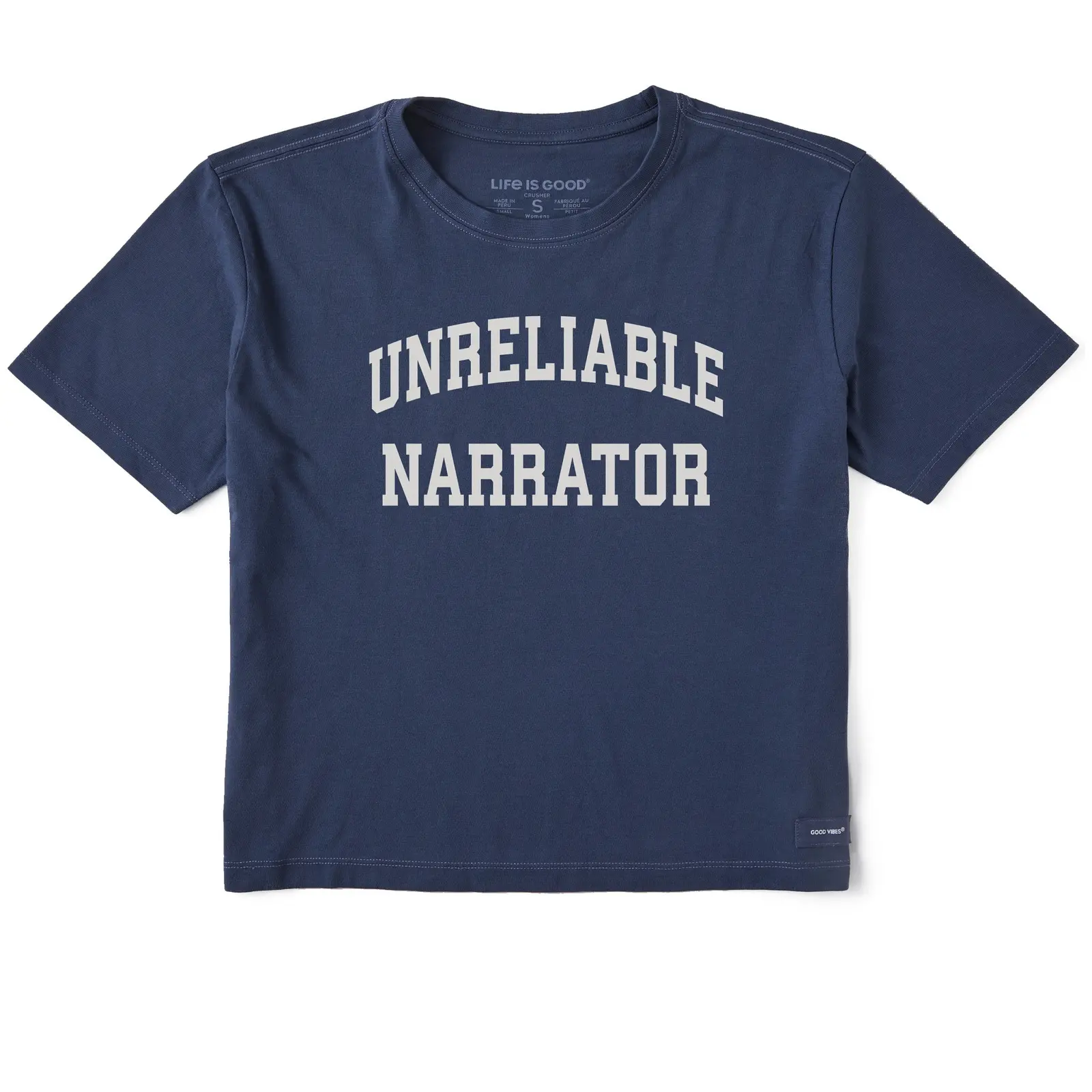Unreliable Narrator Arch Letter Graphic Tee, Bookish Funny Varsity Collegiate Font Women's Relaxed Boxy Cropped Short Sleeve T-Shirt
