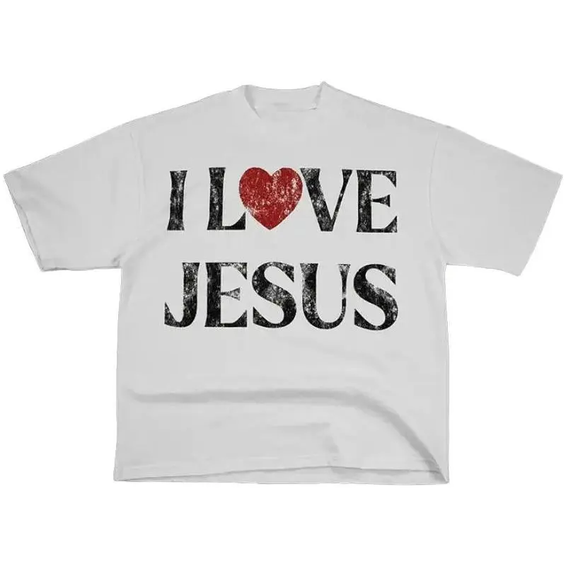 Vintage I Love Jesus Distressed Heart Graphic Tee, Christian Faith Retro Print Boxy Short Sleeve Round Neck Cotton Unisex T-Shirt