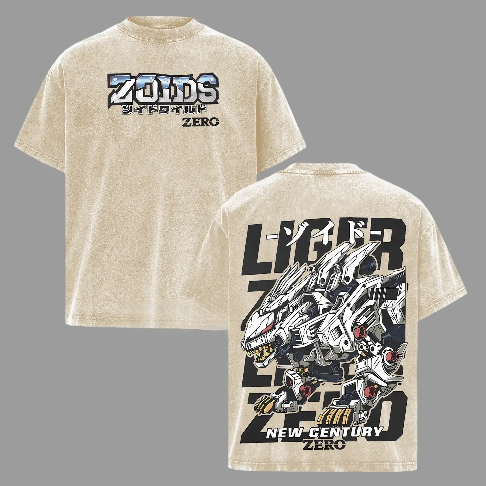 Liger Zoids New Century Zero Mecha Robot Anime Graphic Tee, 90s Japanese Retro Vintage Washed Oversized Two-Sided Streetwear T-Shirt