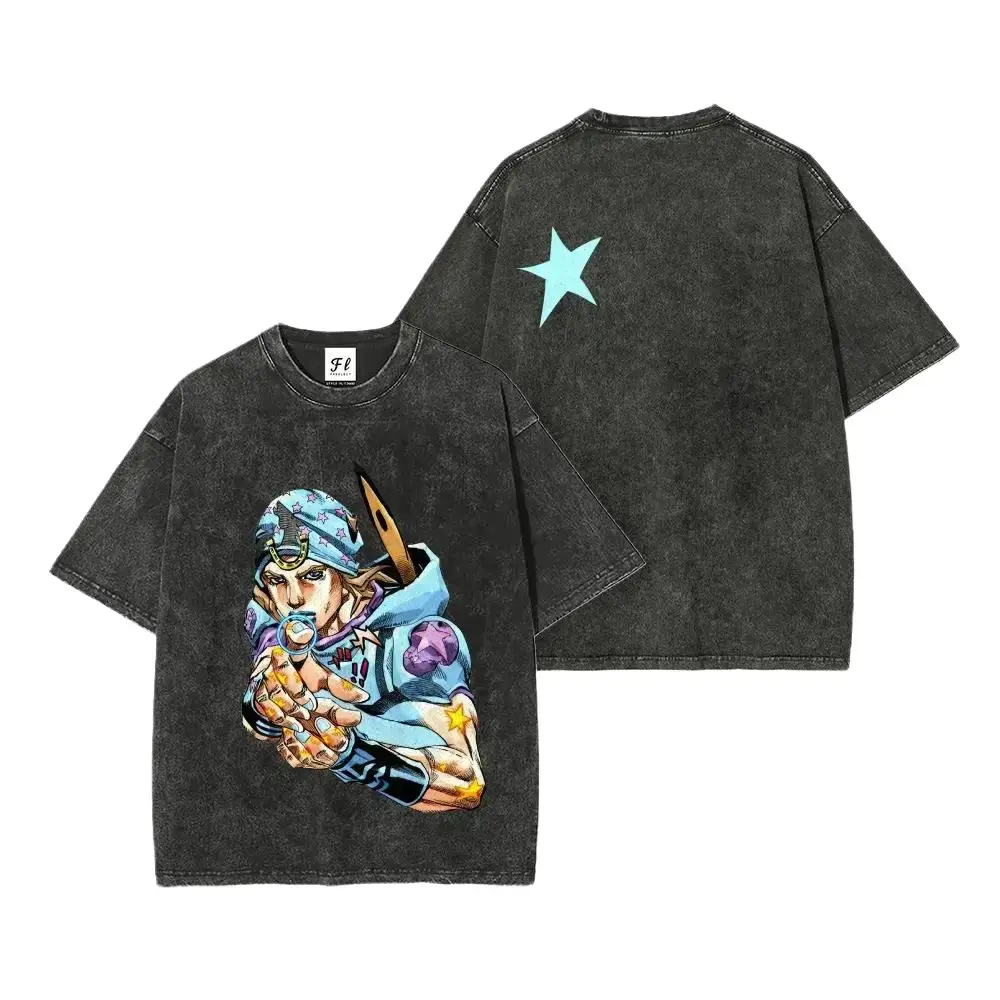 JoJo's Bizarre Adventure Part 7 Steel Ball Run Johnny Joestar Anime Graphic Tee, Vintage Washed Double-Sided Oversized Unisex T-Shirt