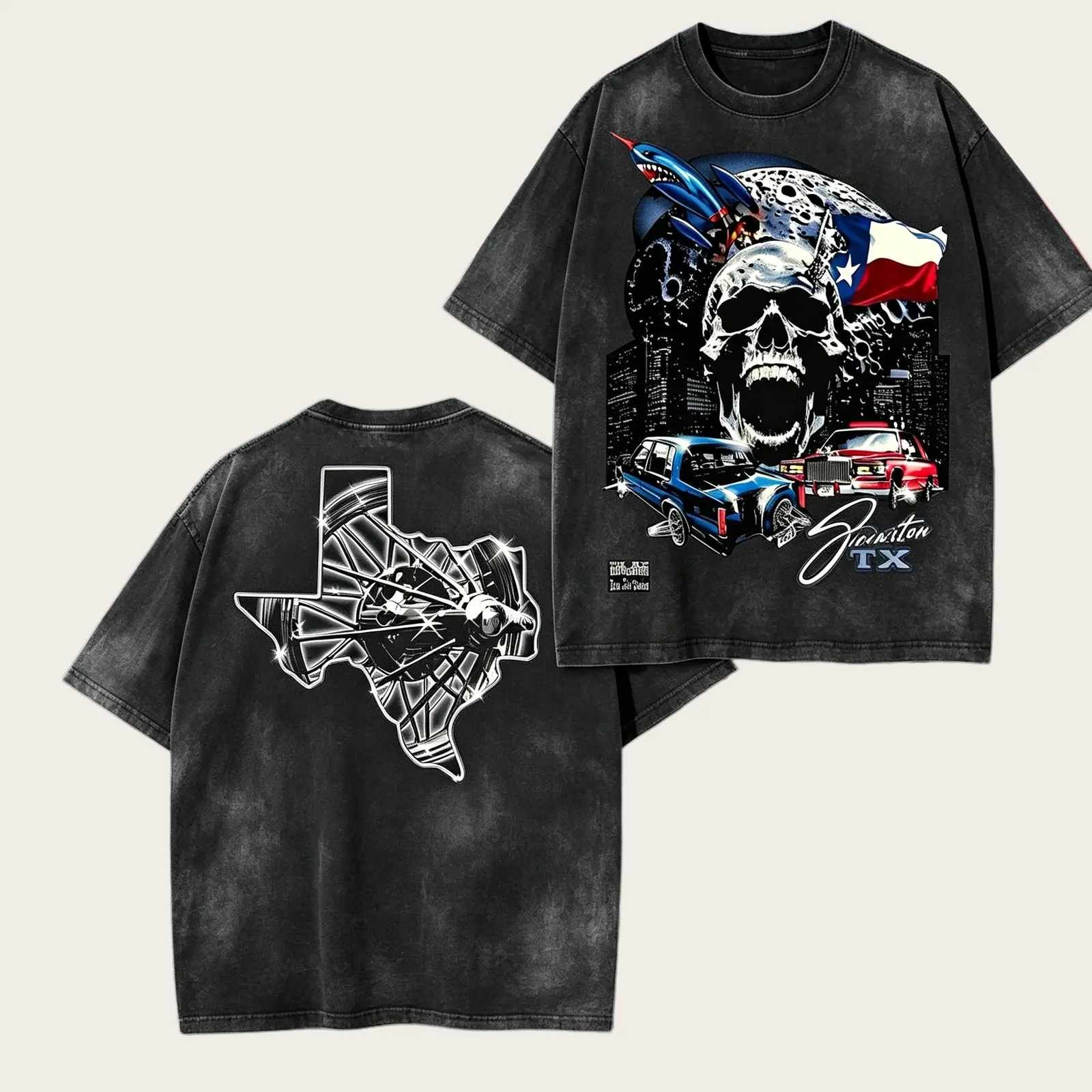 Screwston TX Houston Texas Skull Slab Car Graphic Tee, Vintage Acid Wash Front and Back Print Heavy Cotton Oversized Streetwear T-Shirt