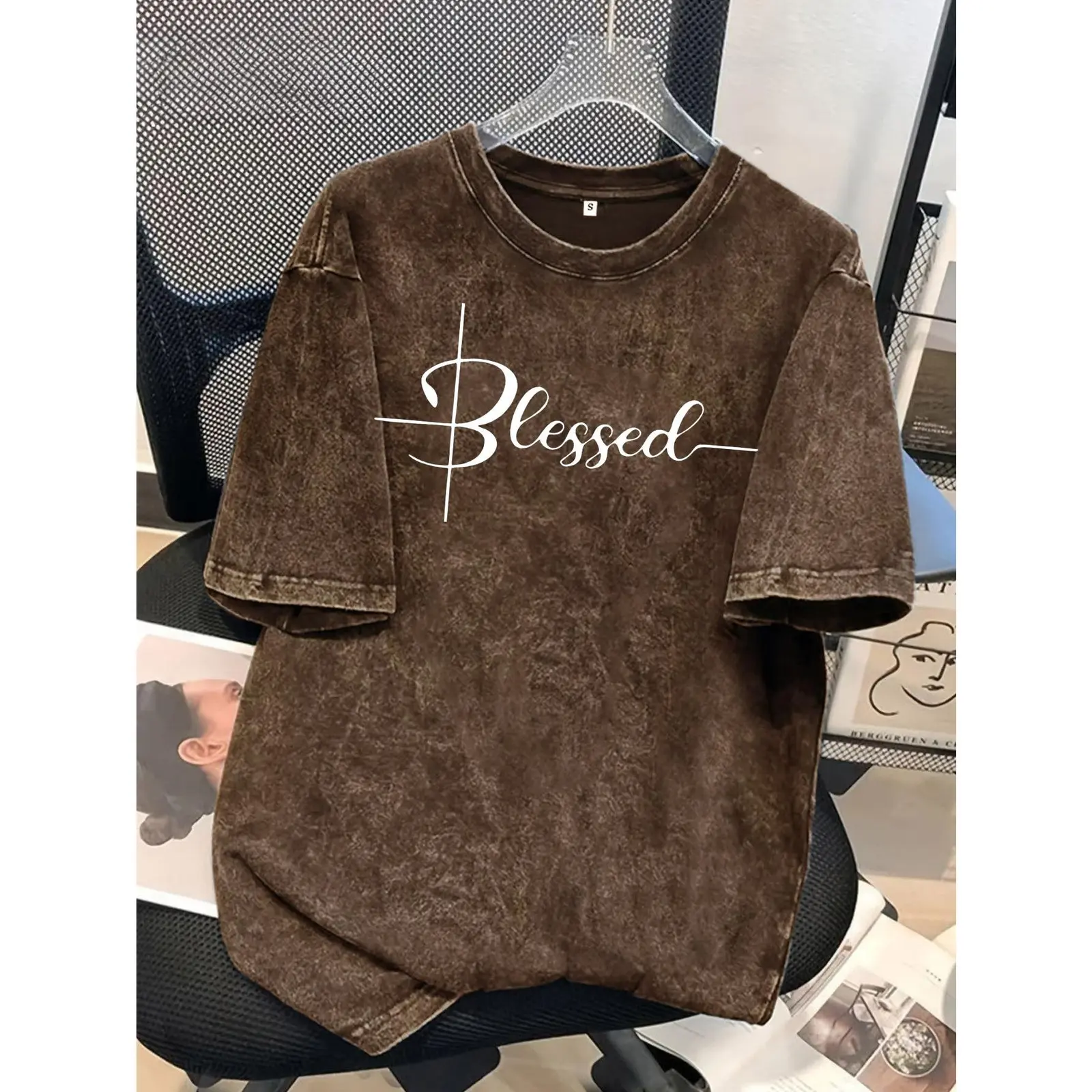 Blessed Cross Script Letter Graphic Washed Tee, Vintage Retro Worn-Out Look Christian Faith T-Shirt, American Streetwear Loose Cotton Unisex Top