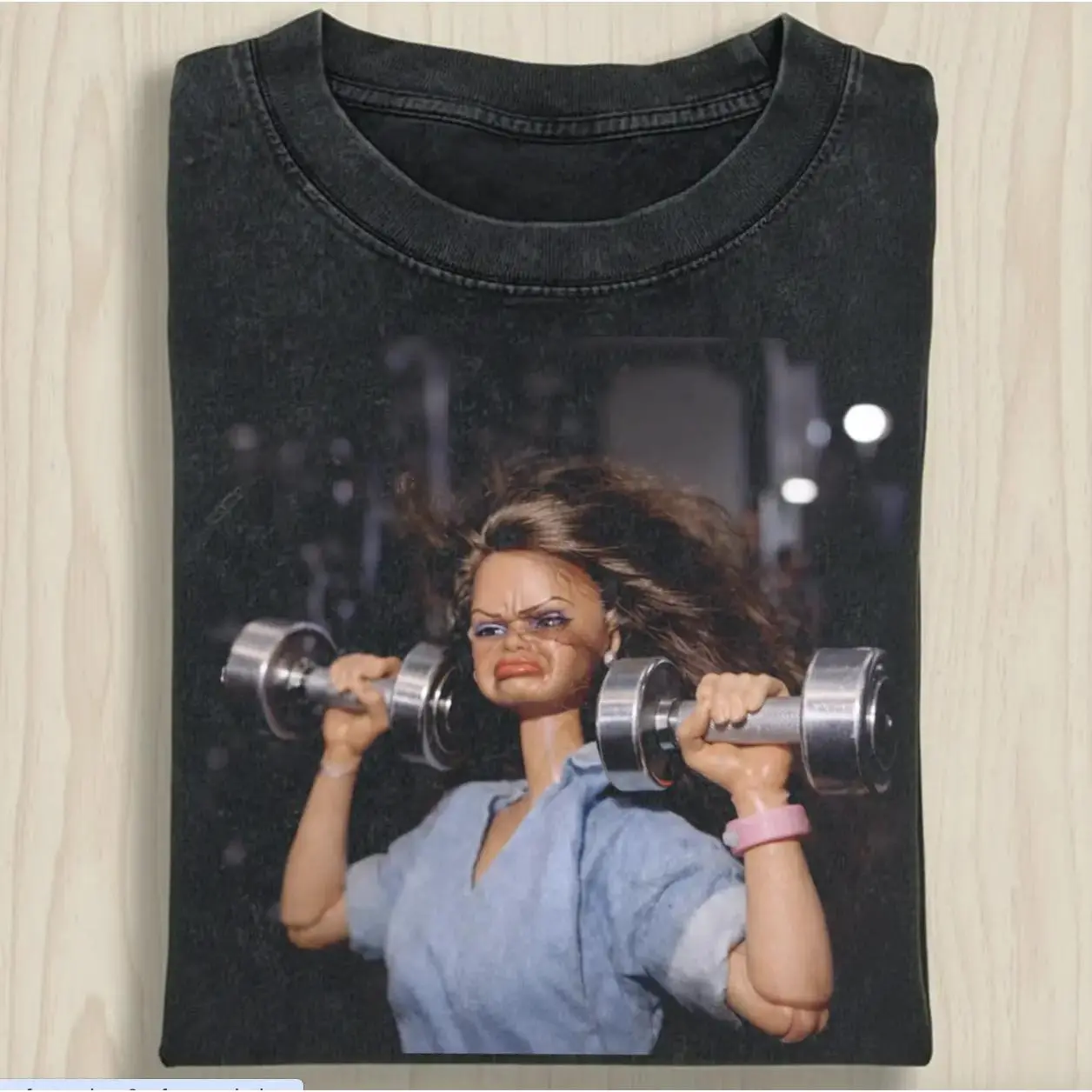 Funny Gym Doll Lifting Dumbbells Vintage Workout Meme Graphic Tee, Retro Fitness Sassy Gym Humor Washed T-Shirt and Hoodie