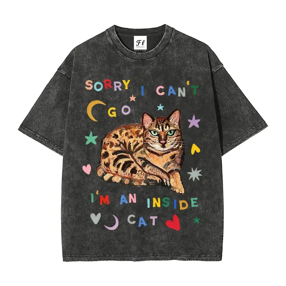 Sorry I Can't Go I'm an Inside Cat Funny Cat Lover Graphic Tee, Fun Animal Streetwear Oversized Unisex Washed Cotton T-Shirt for Women and Men