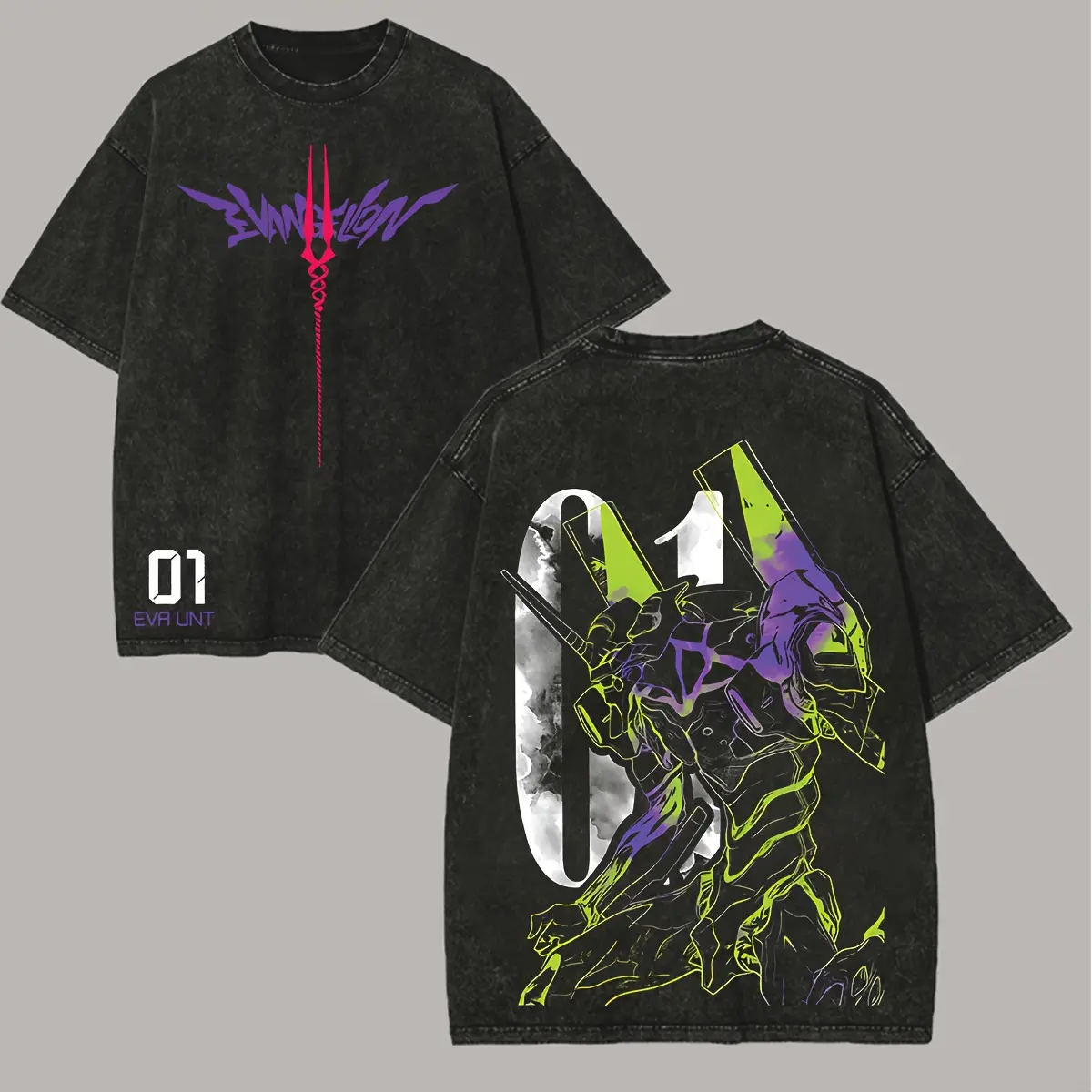 Neon Genesis Evangelion Unit 01 Anime Graphic Tee, Retro Washed Two-Sided Print Shirt, Vintage Streetwear Mens Fitted Cotton T-Shirt