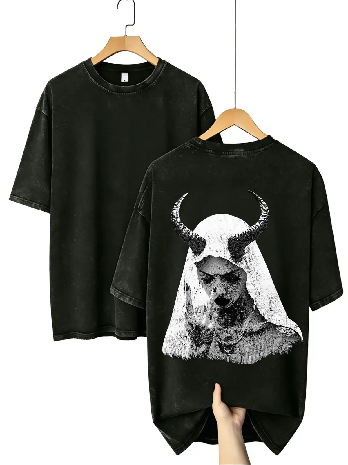 Gothic Horned Demon Nun Graphic Tee, Vintage 90s Streetwear Halloween Acid Wash Oversized Heavyweight Cotton T-Shirt
