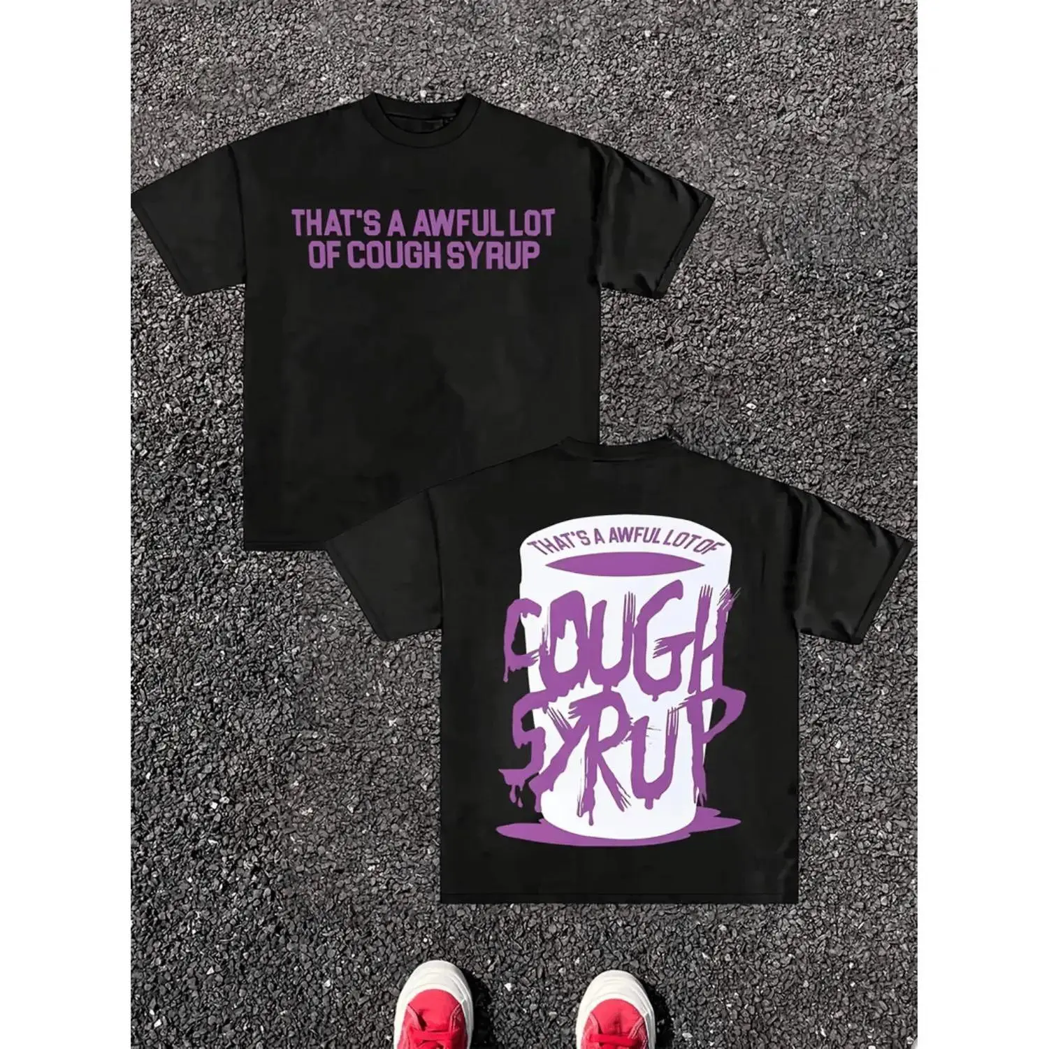 That's A Awful Lot Of Cough Syrup Humorous Graphic Tee, Purple Drip Streetwear Front and Back Print Lightweight Short Sleeve Unisex T-Shirt