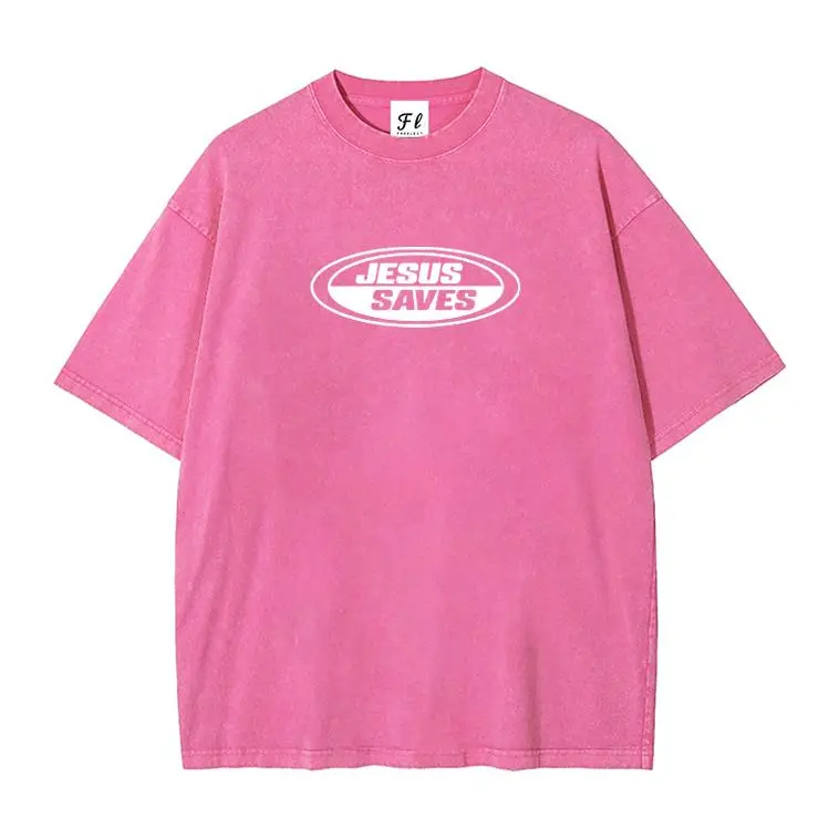 Jesus Saves Oval Logo Christian Graphic Tee, Y2K Vintage Washed Streetwear Shirt, Oversized Heavyweight Cotton Womens Faith T-Shirt