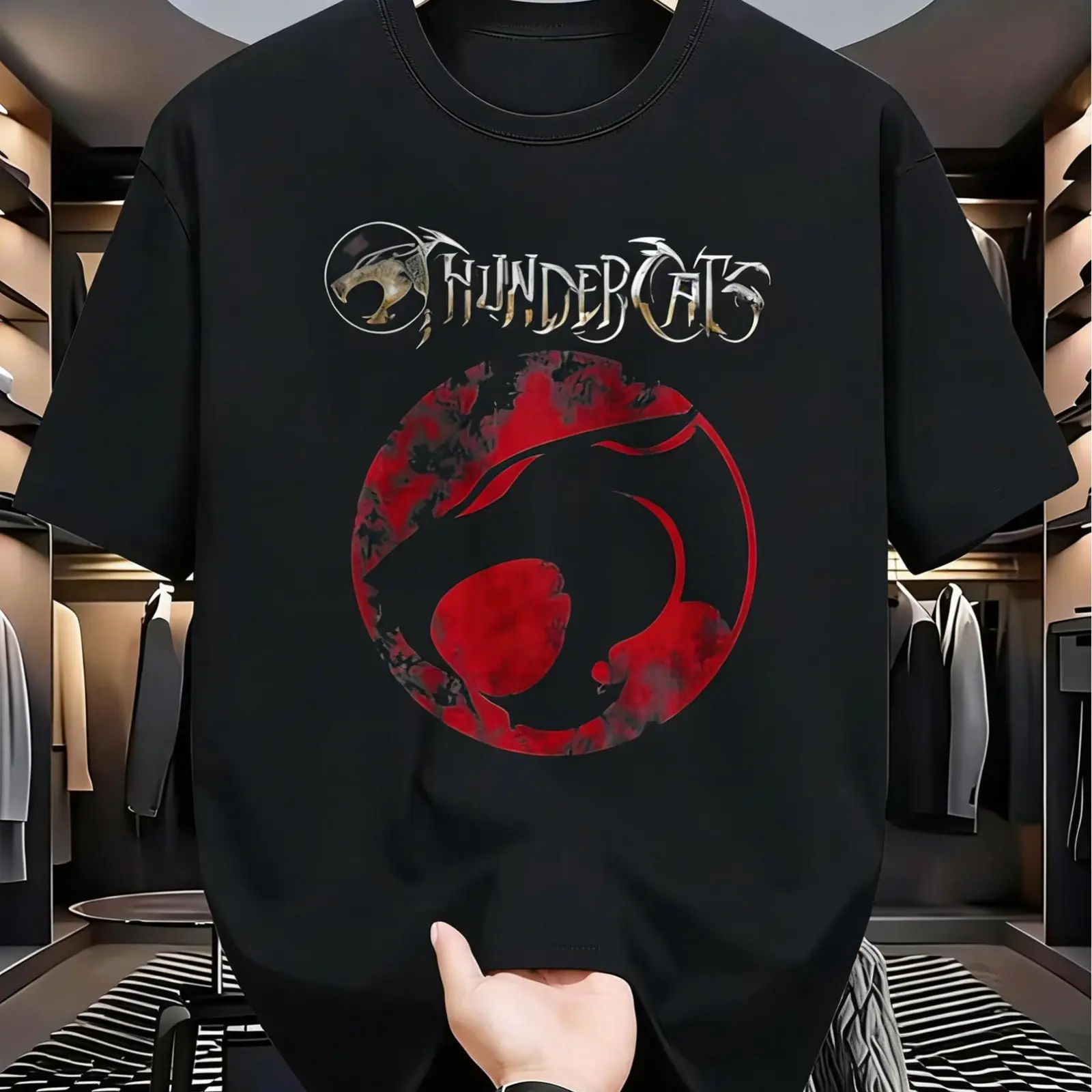 ThunderCats Vintage 80s Cartoon Logo Graphic Tee, Distressed Red Emblem Print Retro Streetwear Loose Fit Unisex Couples Cotton T-Shirt