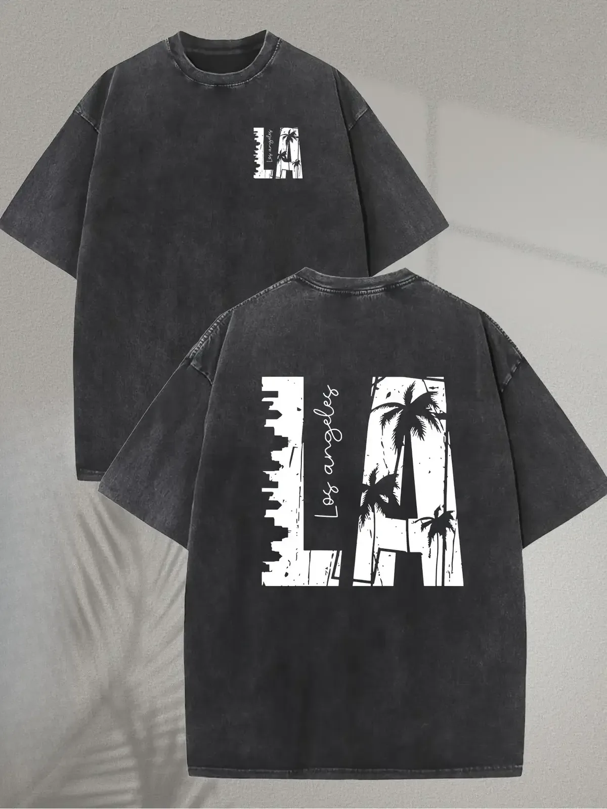 Vintage LA Los Angeles California Beach Palm Tree Graphic Tee, Retro Tropical Acid Washed Heavy 230GSM Cotton T-Shirt, Double-Sided Loose Fit