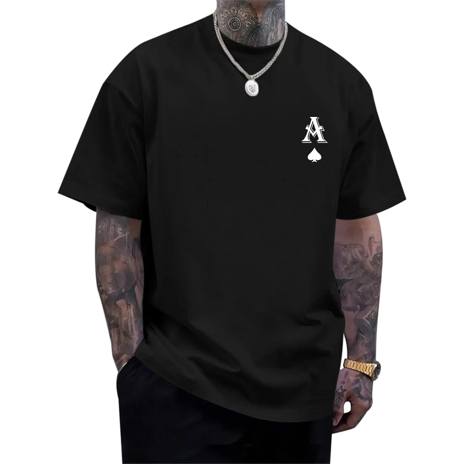Minimalist Ace of Spades Gothic Letter A Left Chest Print Graphic Tee, Casual Streetwear Oversized Cotton T-Shirt, Washed Tee and Hoodie