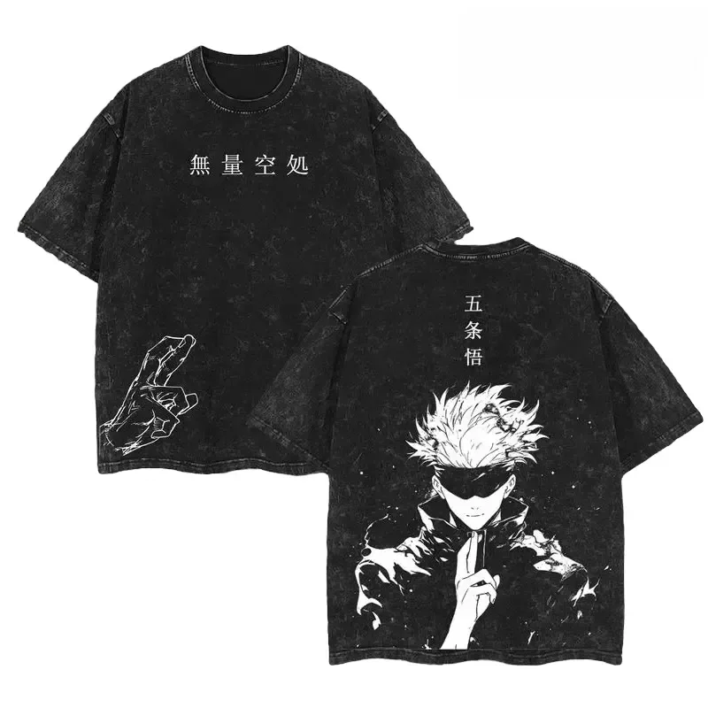 Vintage Gojo Satoru Jujutsu Kaisen Anime Graphic Tee, Washed Heavyweight Cotton Oversized T-Shirt, Double Printed Baggy Unisex Streetwear Top
