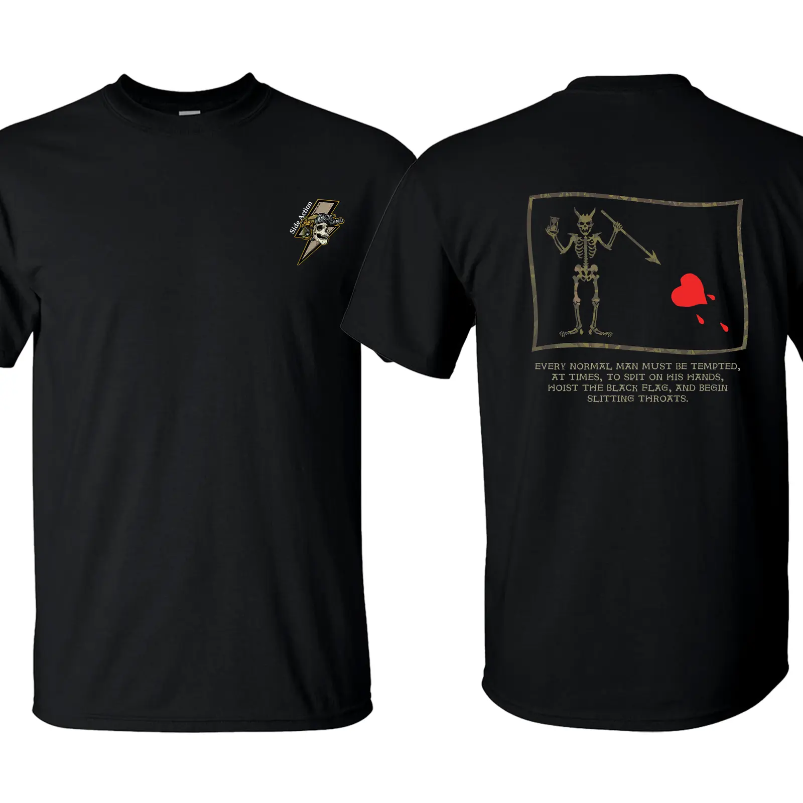 Hoist the Black Flag Blackbeard Pirate Skeleton Warrior Graphic Tee and Hoodie, 250th 4th of July Military Inspired Streetwear Double-Sided