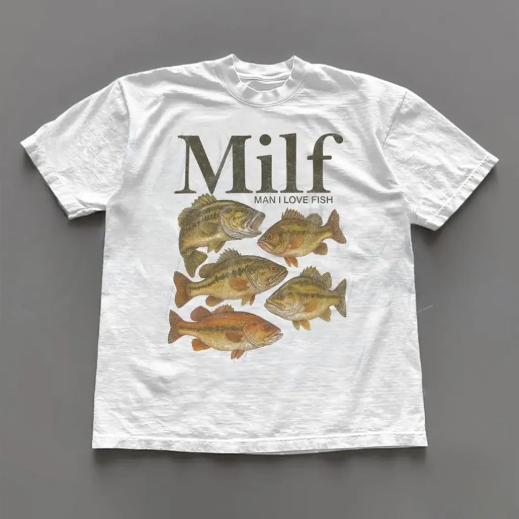 MILF Man I Love Fish Funny Meme Tee, Bass Fishing Offensive Inappropriate Humor Graphic T-Shirt, Gen Z Vintage Style Unisex Crewneck Streetwear