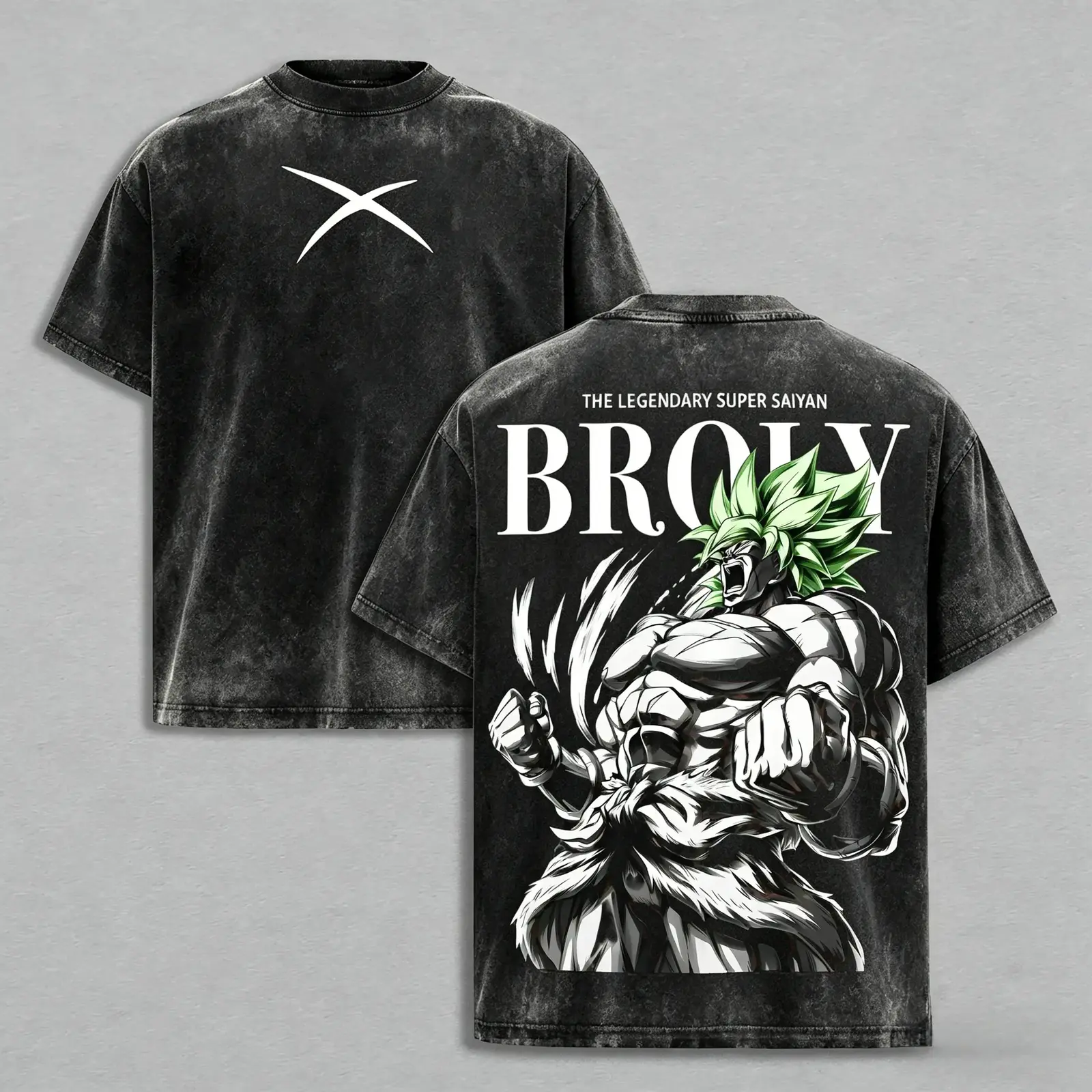 Broly The Legendary Super Saiyan DBZ Anime Graphic Tee, Vintage Washed Dragon Ball Z Gym Pump Cover Double-Sided Oversized T-Shirt