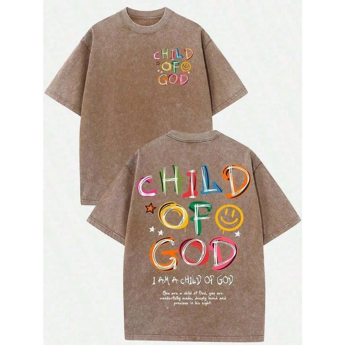 Child of God Christian Graphic Tee, Faith Based Inspirational Vintage Washed Oversized T-Shirt, Retro Streetwear Front and Back Print