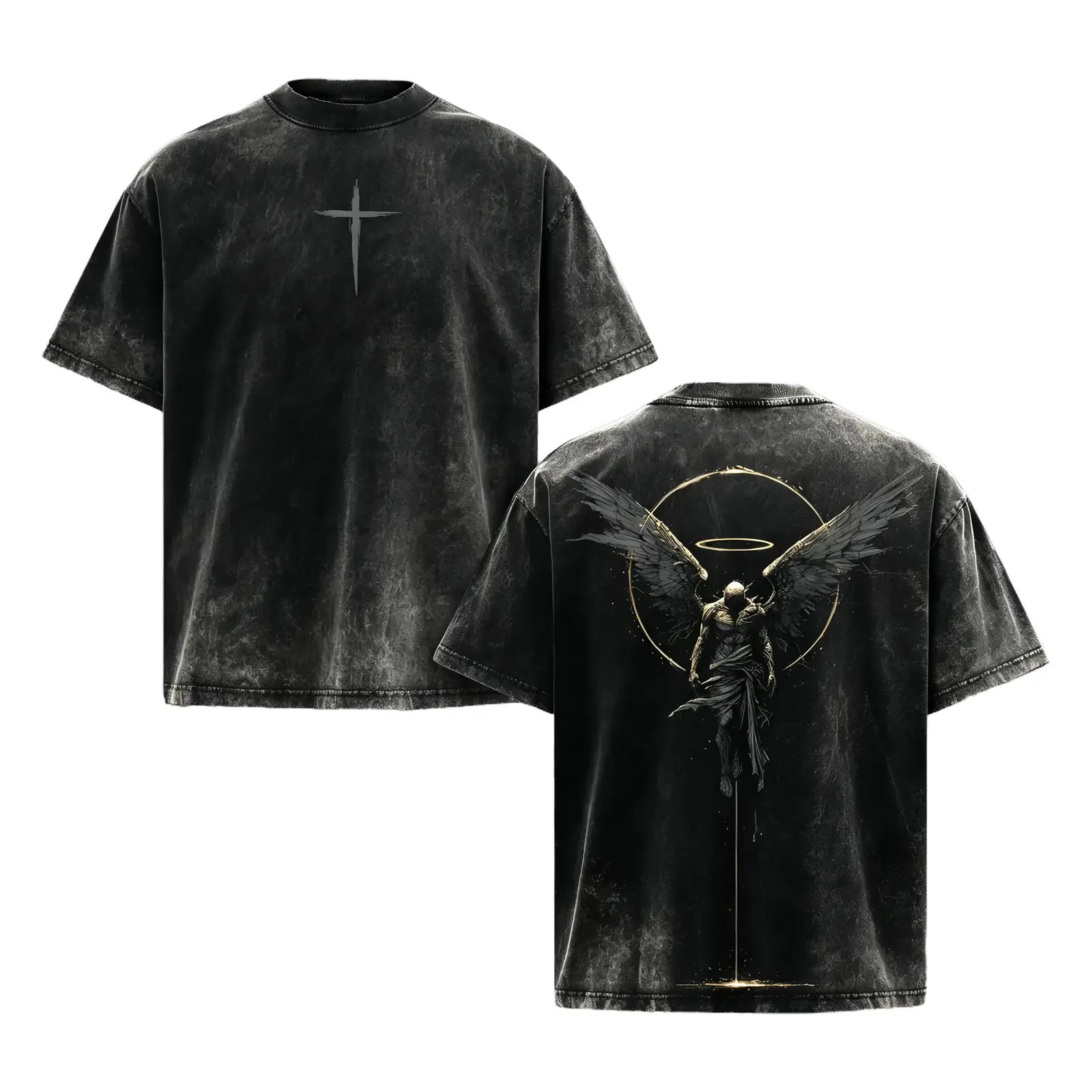 Vintage Acid Wash Angel Gothic Cross Graphic Tee, Y2K Dark Emo Grunge Gym Pump Cover, Heavy Cotton Oversized Double Sided Harajuku T-Shirt
