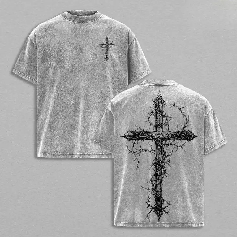 Thorn Cross Gothic Christian Faith Graphic Tee, Biblical Cross Art Two-Sided Print Streetwear Church Outfit Oversized Washed Cotton T-Shirt