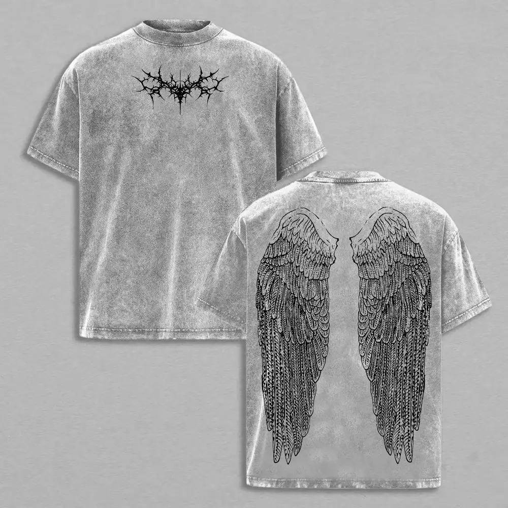 Y2K Gothic Angel Wings Acid Wash Tee, Grunge Dark Aesthetic Anime Inspired Two-Sided Graphic Oversized Vintage Washed Streetwear T-Shirt