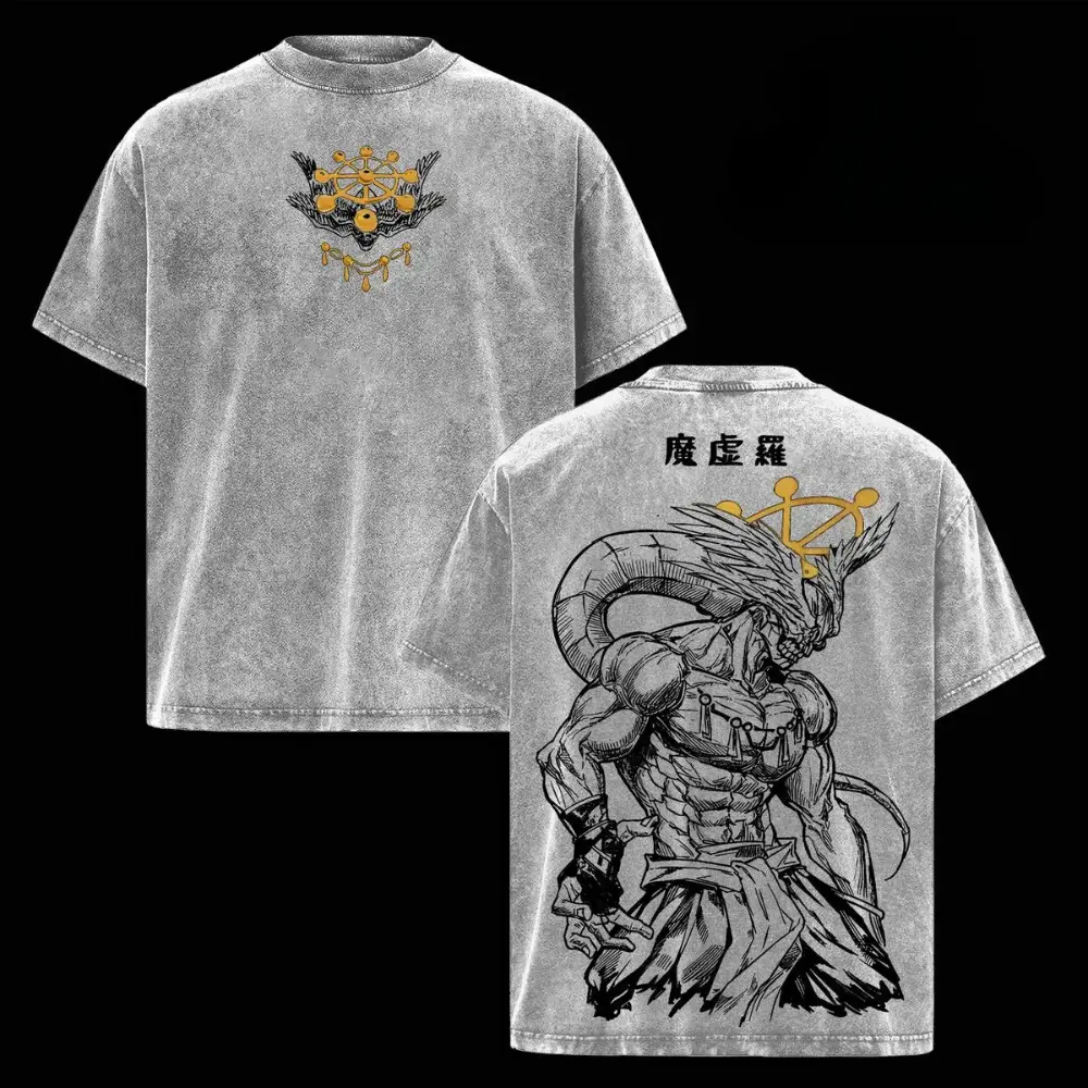 Mahoraga JJK Jujutsu Kaisen Anime Graphic Tee, Vintage Washed Soft Cotton Double-Sided Print Oversized Otaku Streetwear T-Shirt