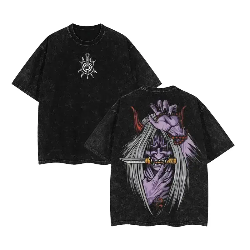 Minato Reaper Death Seal Shinigami Anime Graphic Tee, Vintage Washed Double-Sided Print Heavyweight Oversized Unisex T-Shirt