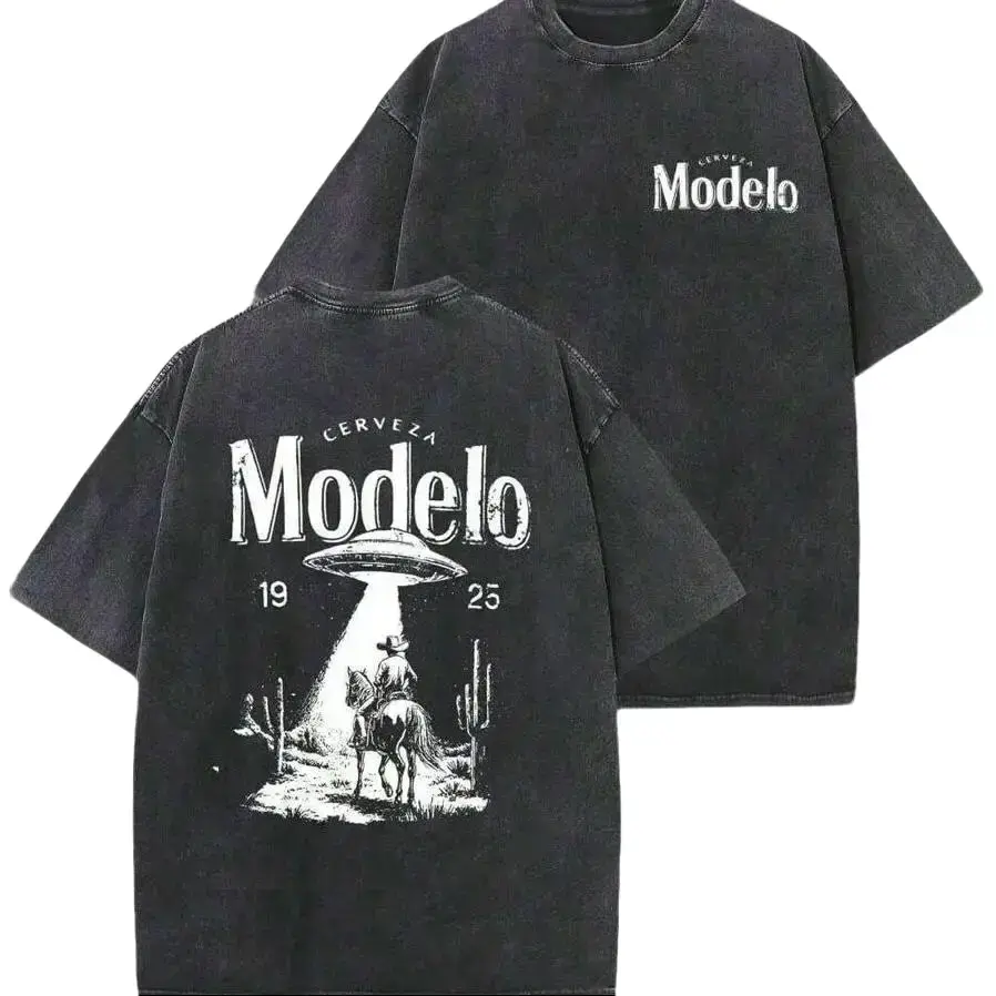 Cerveza Modelo UFO Cowboy Desert Graphic Tee, Vintage Washed Heavyweight Y2K Retro Streetwear Double-Sided Oversized T-Shirt
