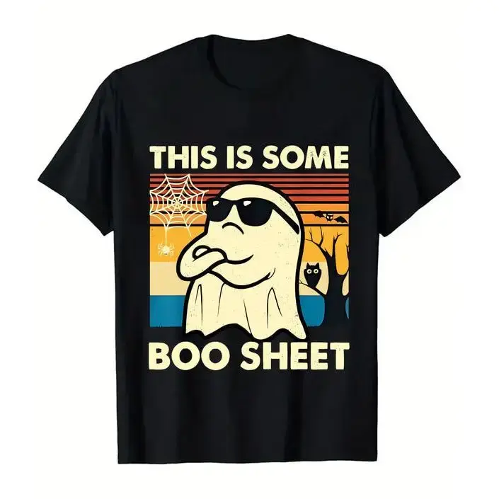 This Is Some Boo Sheet Funny Ghost Halloween Graphic Tee, Retro Vintage Sunset Cool Ghost in Sunglasses Oversized Unisex T-Shirt