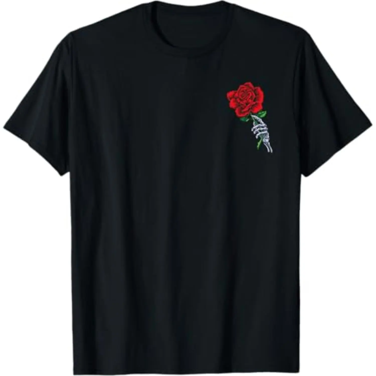 Skeleton Hand Holding Red Rose Graphic T-Shirt, Gothic Chest Print Casual Streetwear Fitted Crew Neck Short Sleeve Breathable Cotton Blend Tee
