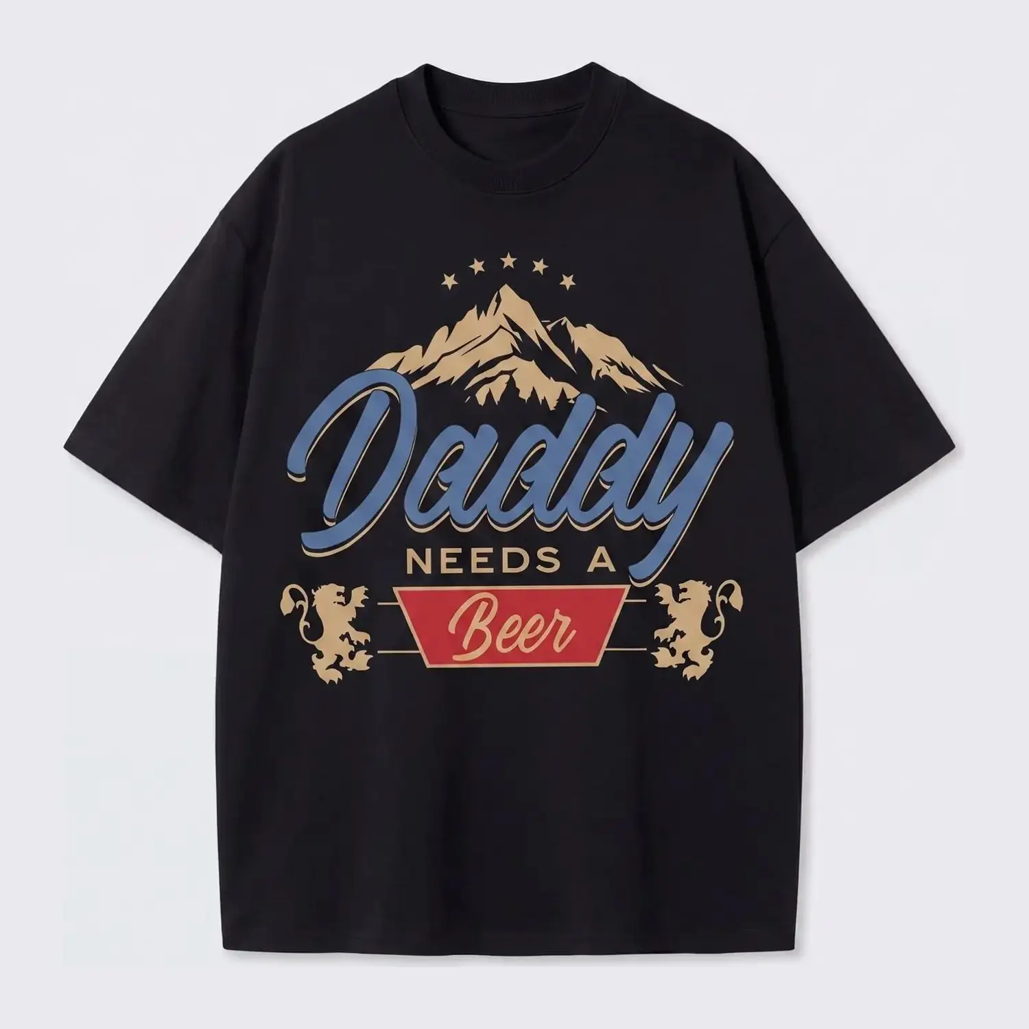 Daddy Needs A Beer Vintage Graphic Tee, Retro Mountain Beer Label Funny Dad T-Shirt, Heavyweight Cotton Oversized Boxy Fit Streetwear Top