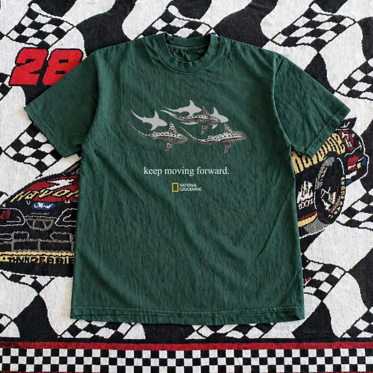 Keep Moving Forward Spotted Sharks National Geographic Graphic Tee, Y2K Vintage Cartoon Ocean Aesthetic Gildan Unisex Heavy Cotton T-Shirt