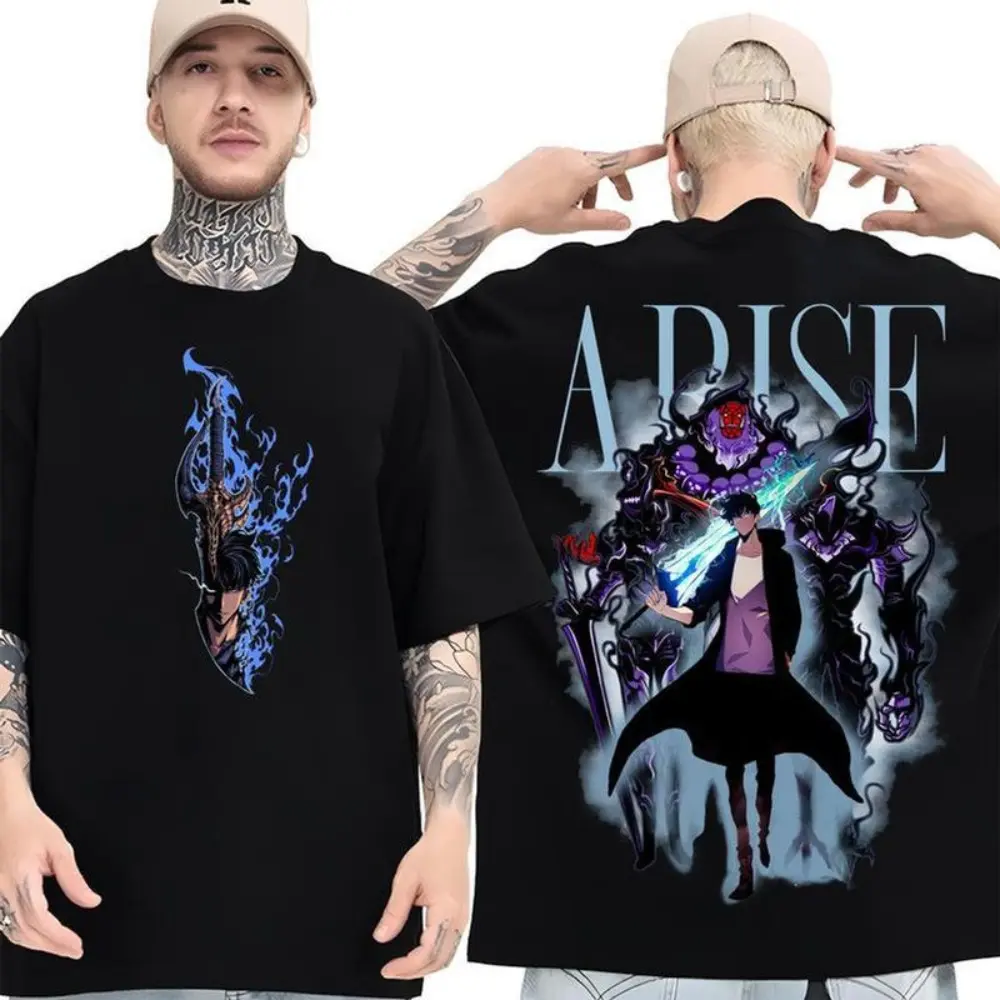 Arise Solo Leveling Sung Jin Woo Anime Graphic Tee, Shadow Monarch Character Front and Back Print Oversized Unisex Cotton T-Shirt