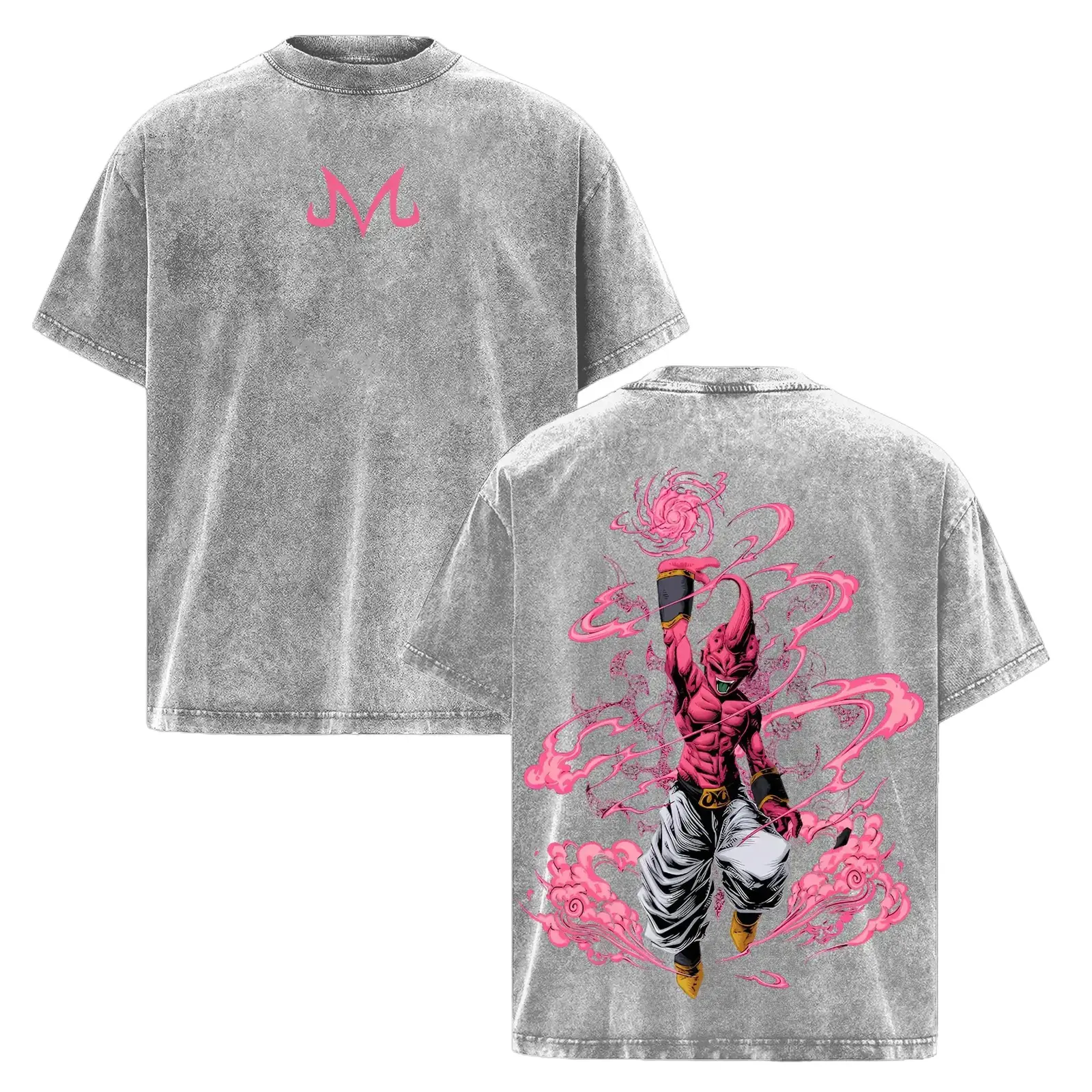 Dragon Ball Z DBZ Evil Buu Majin Anime Graphic Tee, Vintage Acid Washed Heavyweight Front and Back Print Oversized Retro Streetwear T-Shirt