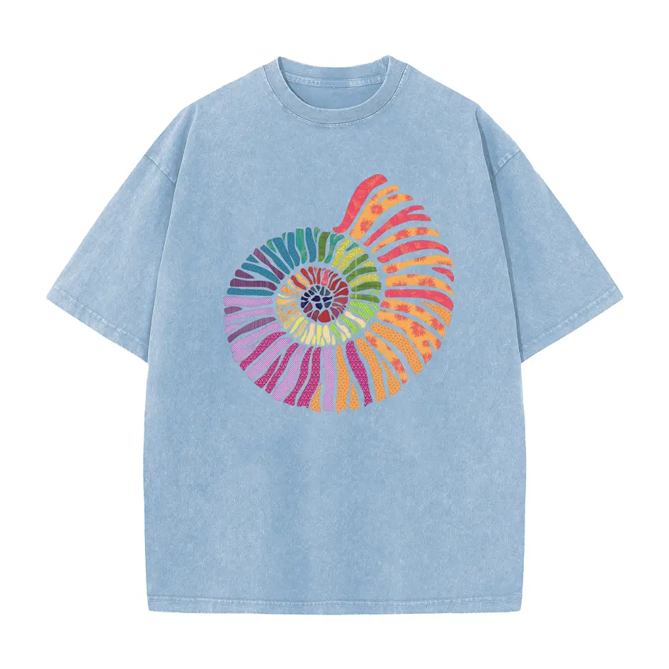 Rainbow Spiral Seashell Nautilus Graphic Tee, Women's Acid Washed Drop Shoulder T-Shirt, Loose Baggy Fit Casual Streetwear Top for Back to School