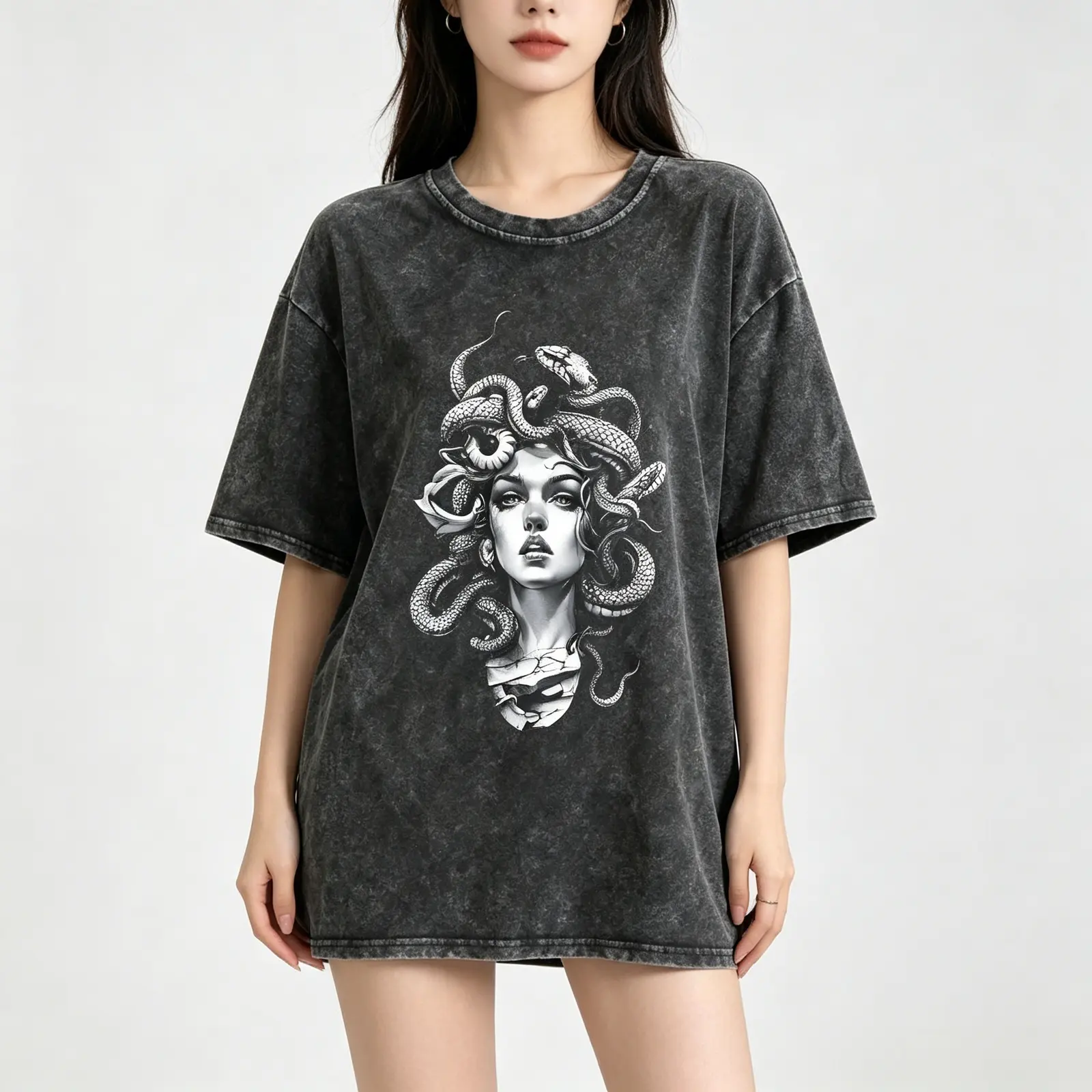 Medusa Graphic Black Washed Tee, Greek Mythology Snake Hair Goddess Vintage Oversized T-Shirt, Gothic Grunge Relaxed Fit 100% Cotton Top