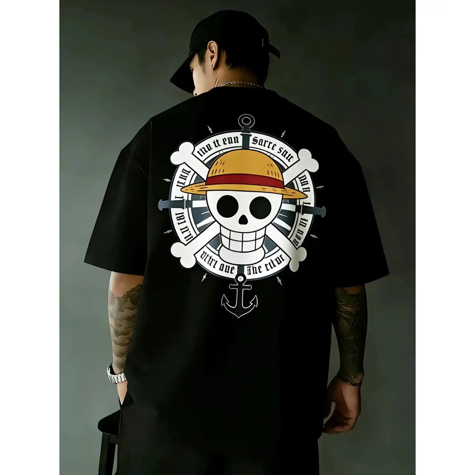 One Piece Straw Hat Pirate Jolly Roger Anime Graphic Tee, Oversized Harajuku Y2K Hip Hop Streetwear Double-Sided Print Unisex T-Shirt