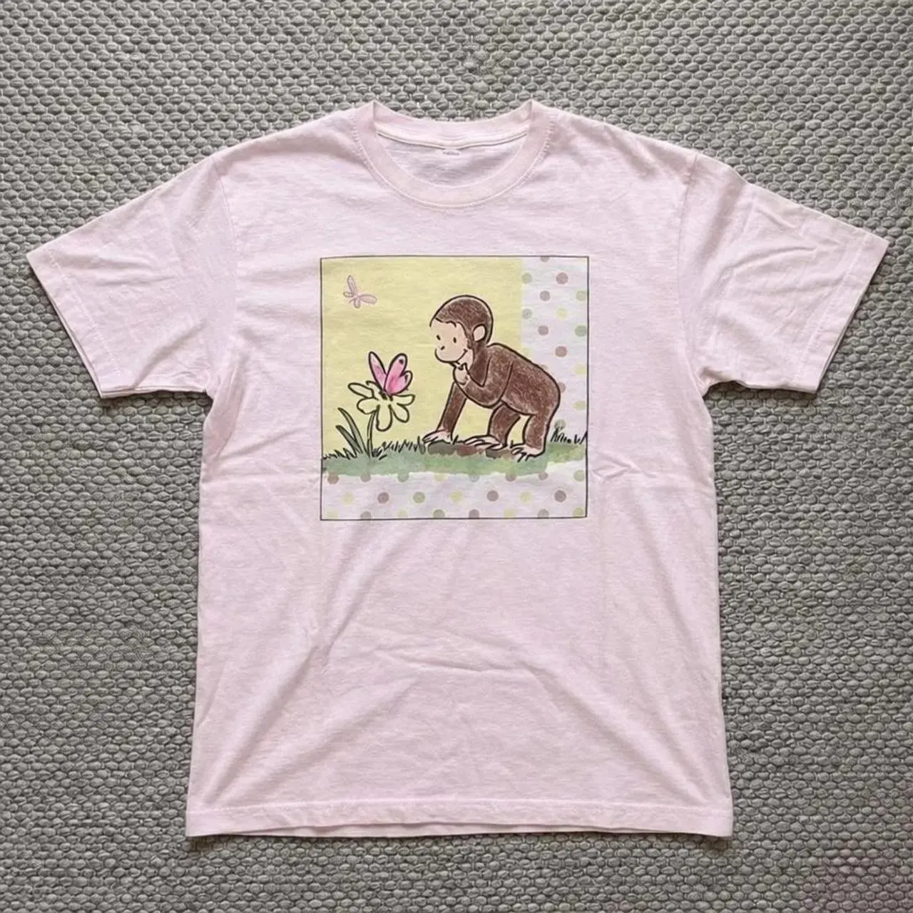 Curious George Cute Baby Tee, Y2K Vintage Cartoon Aesthetic Monkey and Pink Flower Graphic Print Fitted Cotton Short Sleeve Top for Women